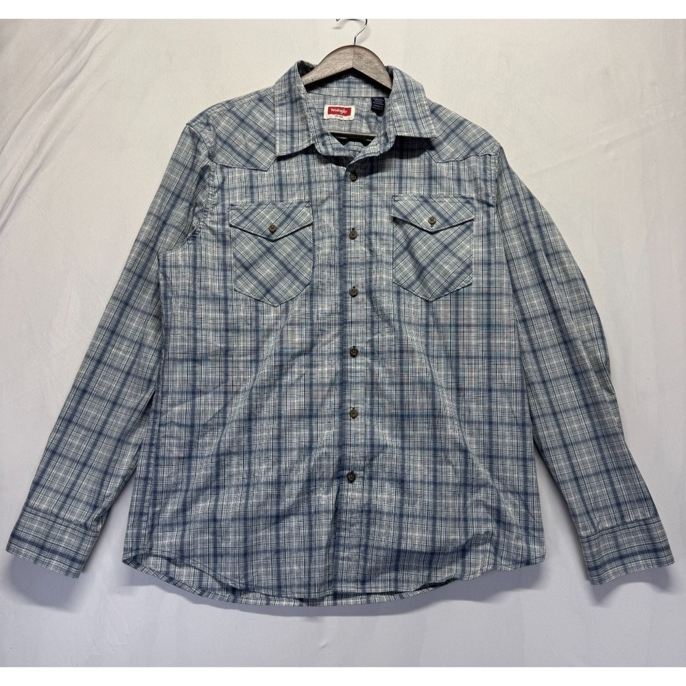 Wrangler Slim Fit Woven Western Shirt Men Large Gray Blue Plaid Button Up Cowboy